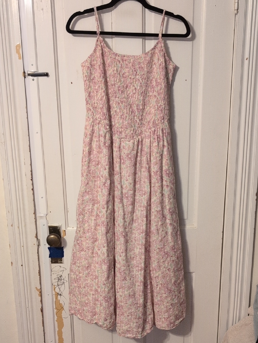 American Eagle Outfitters Pink Floral Smocked Midi Dress with Spaghetti Straps